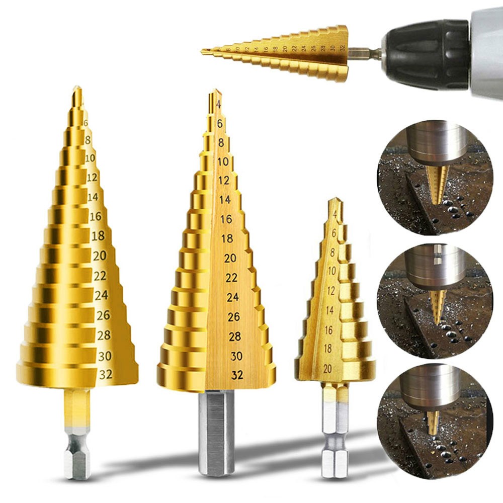 3pcs HSS Titanium Coated Step Drill Bit 4-12 4-20 4-32 Drill Power Tools Metal High Speed ​​Steel Wood Hole Cutter Cone Drill