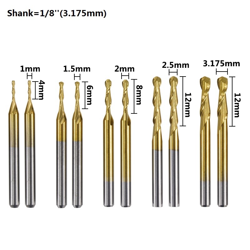 XCAN نك دوامة قاطعة المطحنة 1/8 ''(3.175 مللي متر) عرقوب 10 قطعة القصدير المغلفة الكرة الأنف راوتر بت كربيد نهاية مطحنة النجارة القاطع