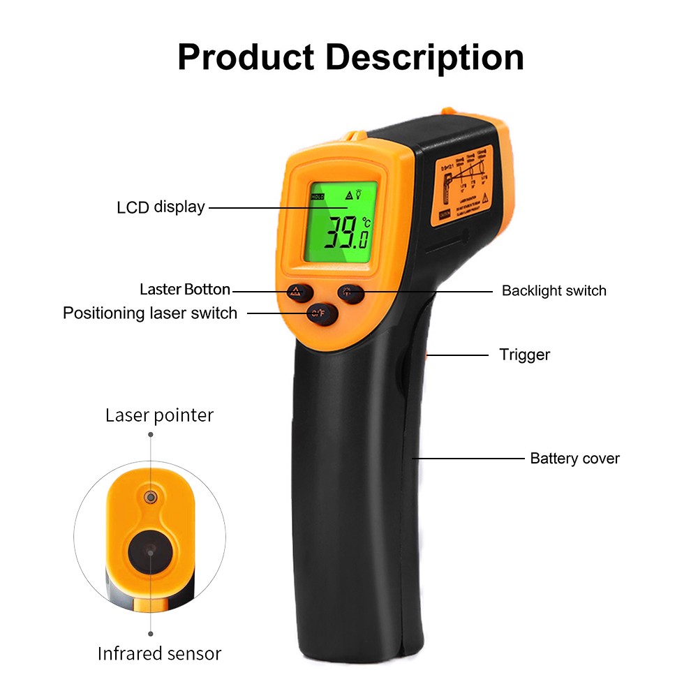 Vastar -50 to 600 Non-Contact Laser LCD Display Infrared Digital C/F Selection Surface Temperature Temp Thermometer Imag