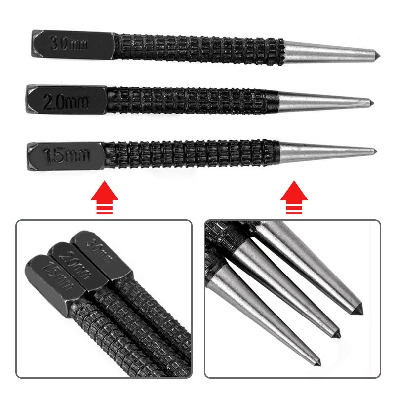 Non-slip Center Punch 1.5mm/2mm/3mm Alloy High Carbon Steel High Hardness for Locator Metal Wood Marking Drill Tool 1/3pcs