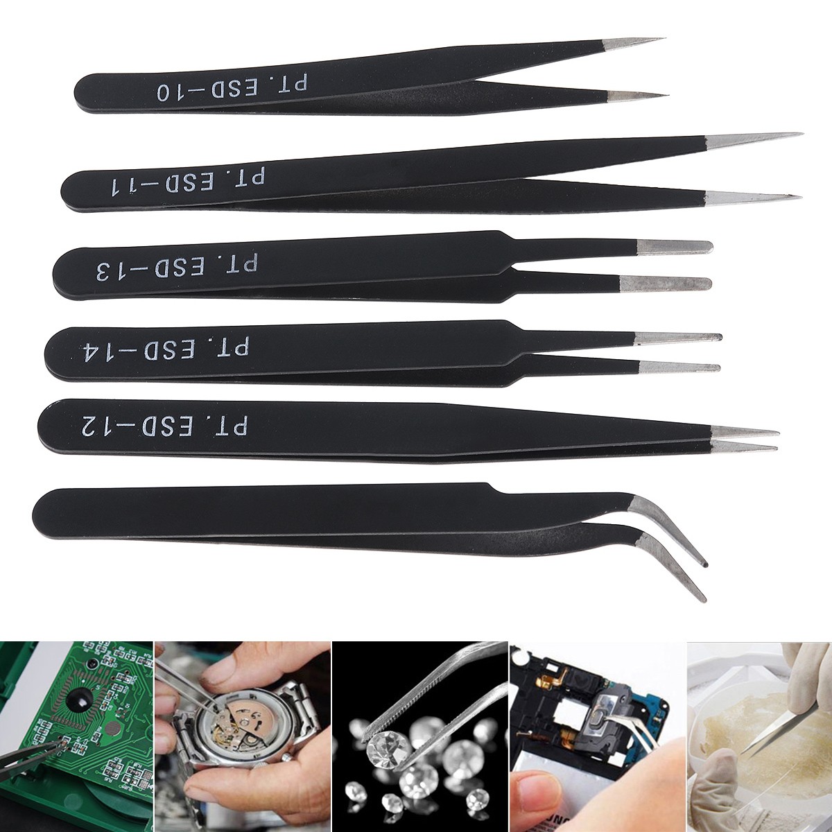 6pcs Stainless Steel Tweezers 1.0mm Anti-static Repair Tool Kit for Electronics Jewelry Fine Craft Cell Phone Stickers Drill