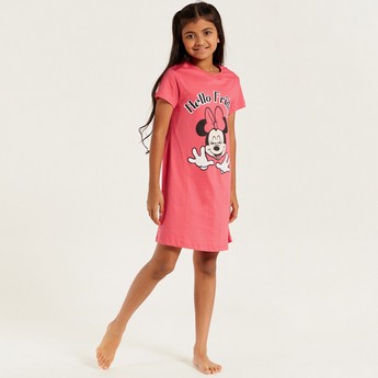 Disney Minnie Mouse Print Round Neck Nightdress with Short Sleeves