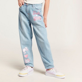 Sanrio Embroidered Denim Pants with Pockets and Button Closure