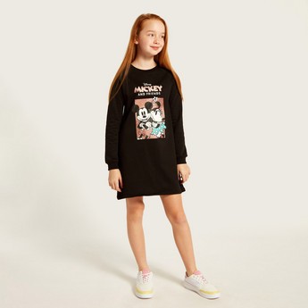 Disney Mickey and Minnie Print Round Neck T-shirt Dress with Long Sleeves