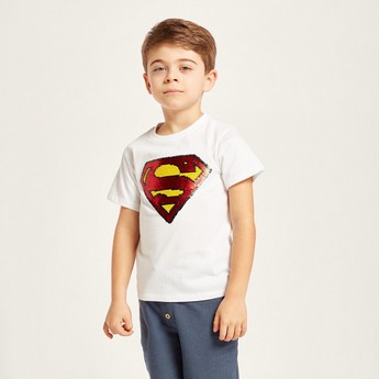 Super-Man Sequin Embellished T-shirt with Short Sleeves