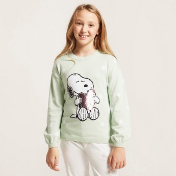 Snoopy Print Pullover with Sequin Detail and Long Sleeves