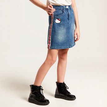 Hello Kitty Embroidered Denim Skirt with Pockets and Button Closure