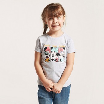 Disney Minnie Mouse Graphic Print T-shirt with Short Sleeves and Round Neck