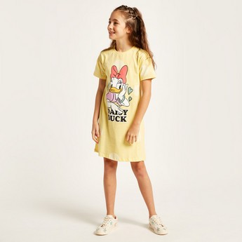 Disney Daisy Duck Print Round Neck T-shirt Dress with Short Sleeves