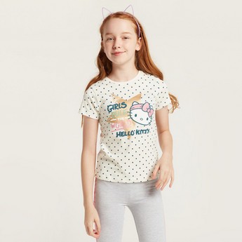 Sanrio Hello Kitty Print Crew Neck T-shirt with Short Sleeves