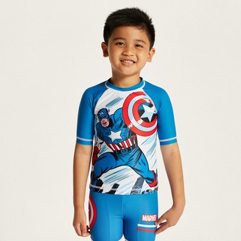 Captain America Print Rash Gaurd and Swim Shorts Set