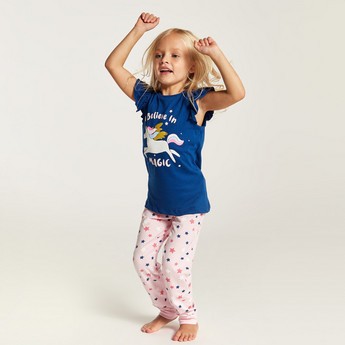 Juniors Unicorn Glitter Print Round Neck T-shirt and Pyjama Set