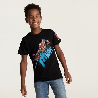 Spiderman Print T-shirt with Crew Neck and Short Sleeves