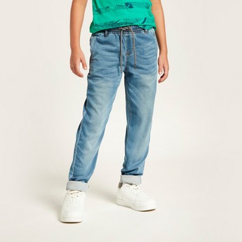 Juniors Solid Denim Jeans with Drawstring Closure and Pockets