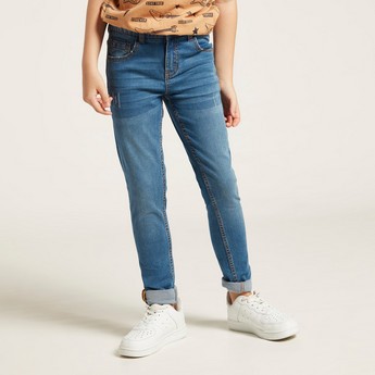 Juniors Solid Jeans with Pockets and Button Closure