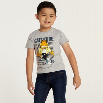 Garfield Print Crew Neck T-shirt with Short Sleeves