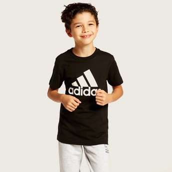 adidas Logo Print Round Neck T-shirt with Short Sleeves