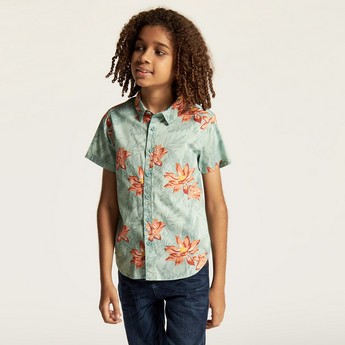 Juniors Tropical Print Shirt with Short Sleeves and Button Closure