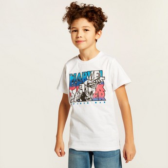 Spiderman Print T-shirt with Round Neck and Short Sleeves