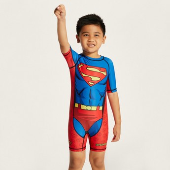 Superman Print Swimsuit with Round Neck and Short Sleeves