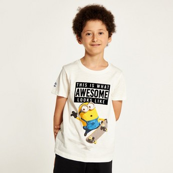 Minion Print Round Neck T-shirt with Short Sleeves