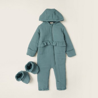 Juniors Textured Coverall with Long Sleeves and Frill Detail