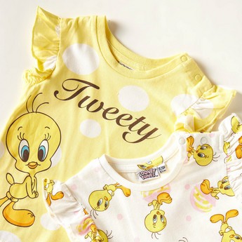 Tweety Print Crew Neck T-shirt with Ruffled Sleeves - Set of 2