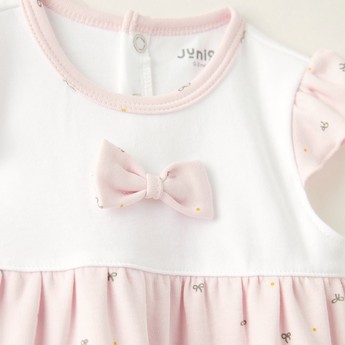 Juniors Printed Dress with Bow Applique and Cap Sleeves