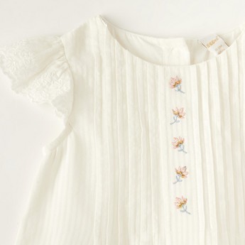 Giggles Embroidered Top with Pintuck Detail and Button Closure