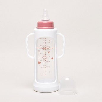 Giggles Printed Glass Feeding Bottle with Cover - 240 ml