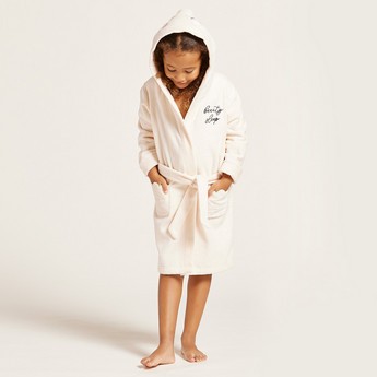 Juniors Text Embroidered Bathrobe with Hood and Tie-Ups