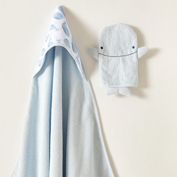 Juniors Whale Print 2-Piece Hooded Towel and Mitten Muppet Set - 75x75 cms