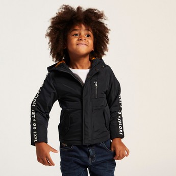 Juniors Hooded Solid Jacket with Long Sleeves and Tape Detail