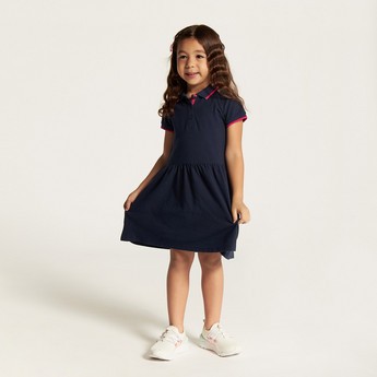 Juniors Solid Dress with Short Sleeves and  Piping Detail