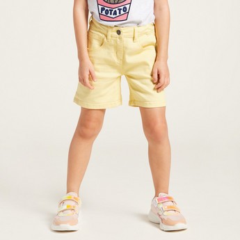 Juniors Solid Denim Shorts with Pockets and Button Closure