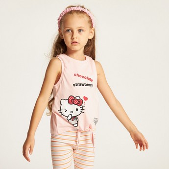 Sanrio Hello Kitty Print Sleeveless T-shirt with Crew Neck and Tie-Up Front