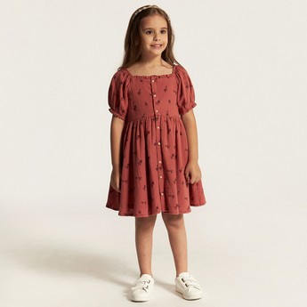 Embroidered Square Neck A-line Dress with Short Sleeves