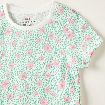 Juniors Floral Print Round Neck T-shirt with Short Sleeves