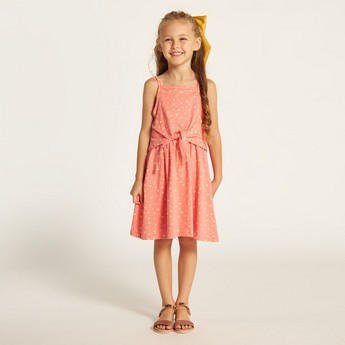 Juniors Heart Print Sleeveless Dress with Waist Tie-Up Belt