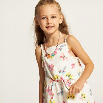 Juniors Butterfly Print Sleeveless Dress with Waist Tie-Up Belt