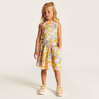 All Over Tweety Print Sleeveless Dress with Pockets