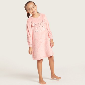 Juniors Printed Crew Neck Nightdress with Applique Detail