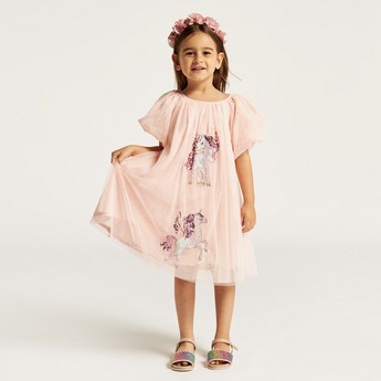 Juniors Unicorn Embellished Dress with Puff Sleeves