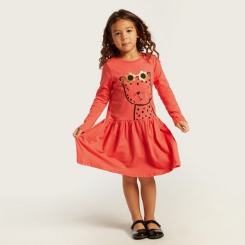 Juniors Printed Drop Waist Dress with Long Sleeves