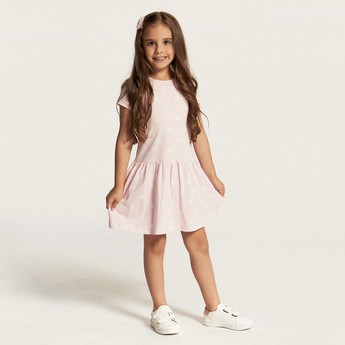 Juniors Polka Print Dress with Round Neck and Short Sleeves