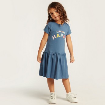 Juniors Slogan Print Drop Waist Dress with Short Sleeves