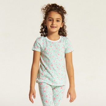 Juniors Floral Print T-shirt with Round Neck and Short Sleeves