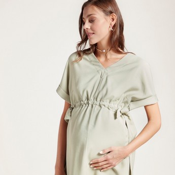 Love Mum Solid Twill Dress with Short Sleeves and Side Tie-Up