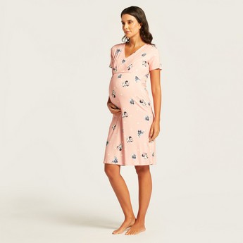 Love Mum Minnie Mouse Print V-neck Maternity Dress with Short Sleeves