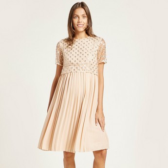 Love Mum Maternity Dress with Pleated Flair and Sheer Top